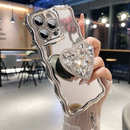 Crystal Rhinestone Love Heart Bracket Phone Case For iPhone Shock-resistant Protective Cover With Mirror Finish And Beaded Lanyard